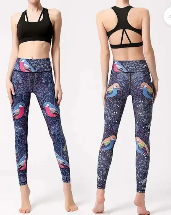 High Waist Bird Print Active Yoga Leggings - Picture 3 of 4